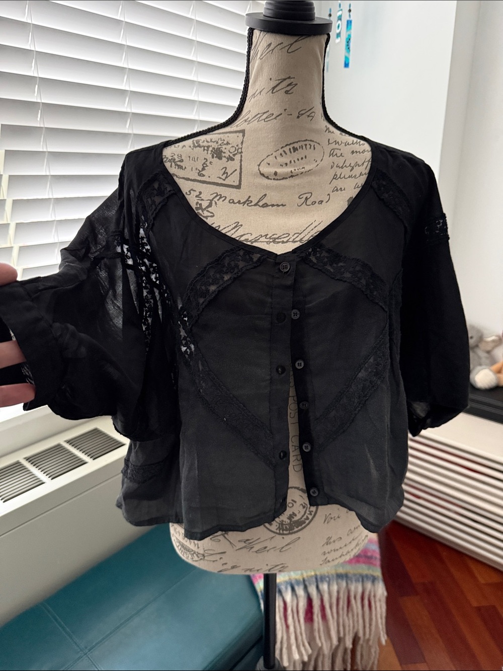 Black Sheer Lace-Trim Button Front Blouse - Women
